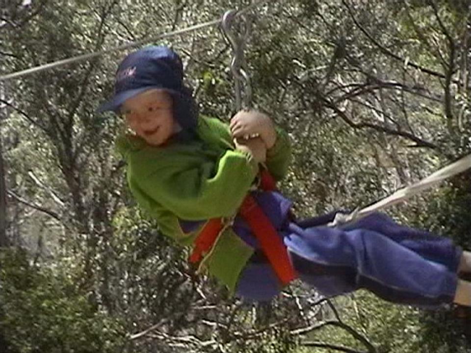 Sam slidingf 'up' a tree at Christmas