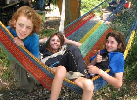 Celia, Abi, Sam in the
          hammock